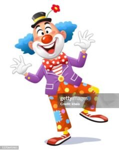Vector illustration of a cheerful clown with blue hair jumping, isolated on white.